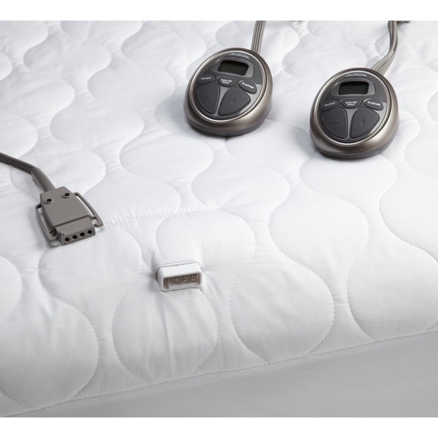 Sunbeam MA7273-030-000 Protège-Matelas Chauffant Électrique Imperméable, Grand Lit, Conçu comme Surmatelas avec Dessus en Coton Blanc Matelassé, 200 Fils au Pouce, et Endos Imperméable. Comprend Deux Contrôleurs SelectTouch avec Préchauffage et 10 Réglages de Réchauffement, visible sur le Protège-Matelas. Convient aux Matelas jusqu'à 19 Pouces et Comprend une Fonction d'Arrêt Automatique de 10 Heures.