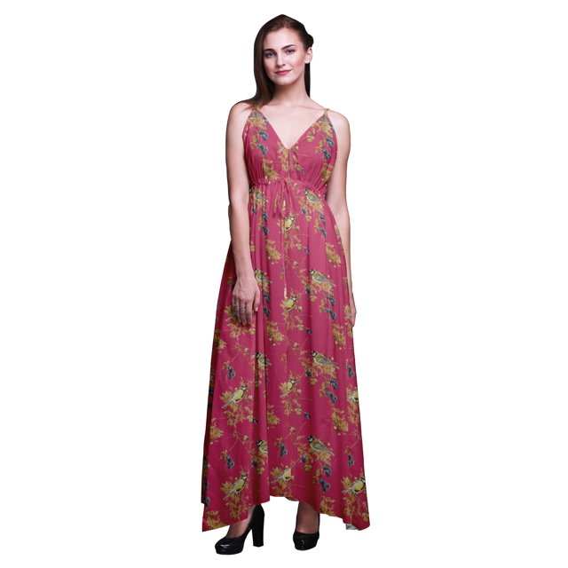 Bimba Bird Ladies Printed Resort Maxi DrawstringDressSpaghetti Strap Beach Wear-Large