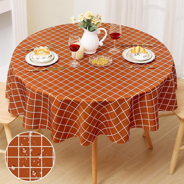 Nappe Ronde en Tissu Imperméable, Nappe en Polyester à Carreaux Résistante aux Taches, Nappe Lavable pour Déco d'Automne et d'Halloween, Salle à Manger, Extérieur (60 Pouces Ronde, Rouille)