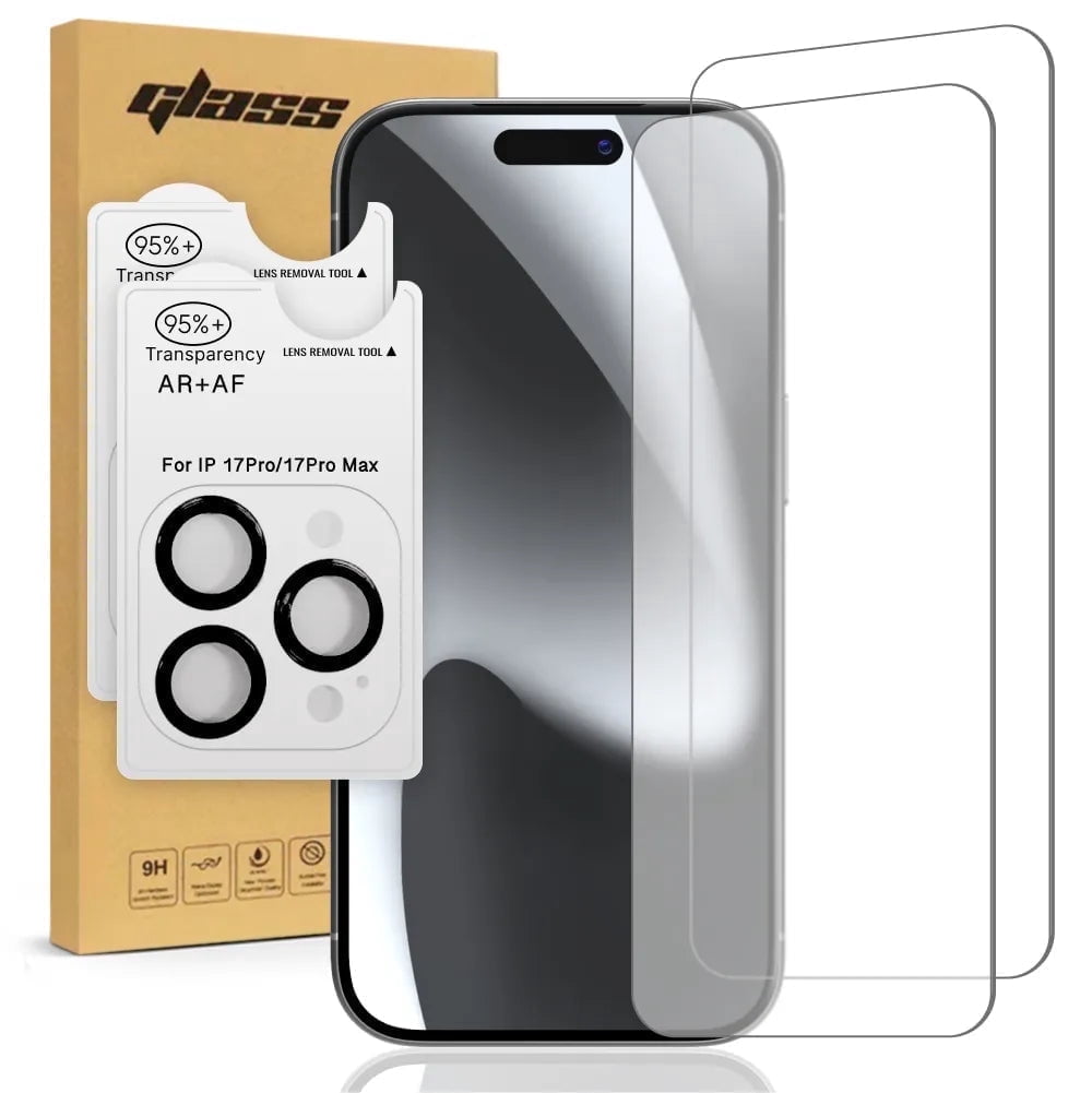 Apple iPhone 17 Pro Max Tempered Glass Screen Protector, 2 Screen Protectors + 2 Camera Lens Protectors