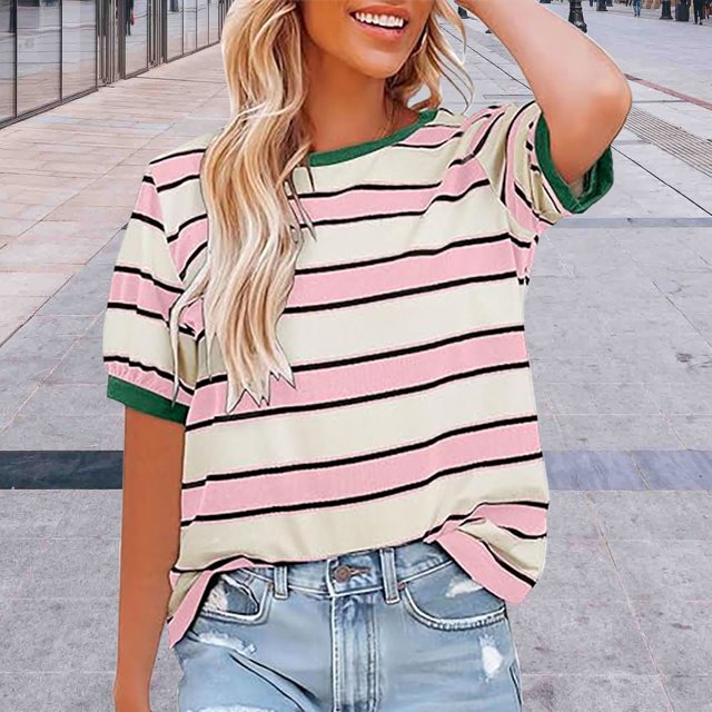 Pxiakgy Vente Chaude!! Hauts Rayés pour Femmes Col Rond Manches Courtes T-Shirt Tendance 2025 Basique Été Décontracté T-Shirts Amples à Rayures Color Block Blouses Amples Basiques Rd1 S