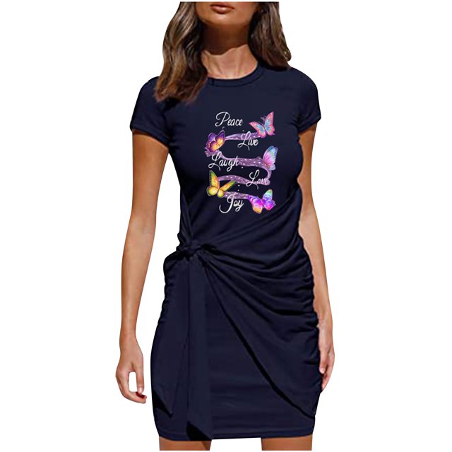 Pompotops Robe Courte Irrégulière pour Femmes à Manches Courtes, Col Rond, Plissée, Imprimée, avec Nœud et Ceinture