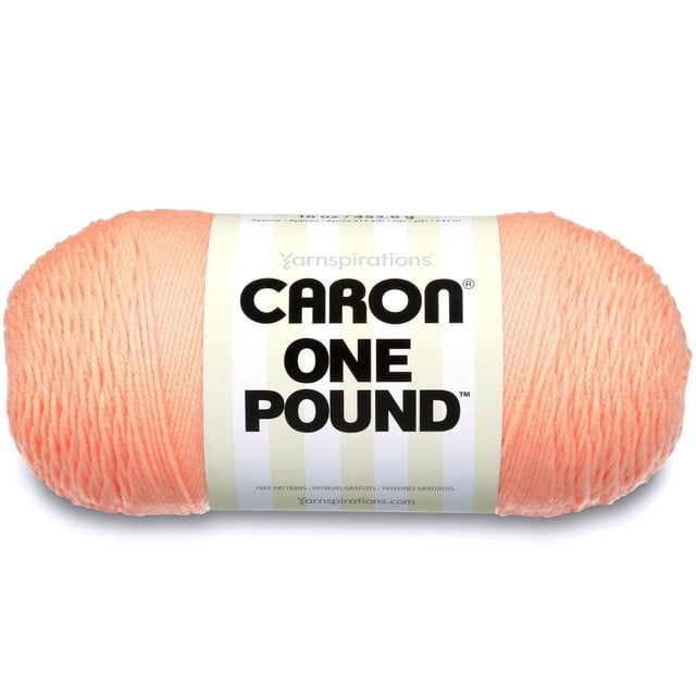 Caron® One Pound™ Yarn, Acrylic #4 Medium worsted weight, 16oz/454g skein in peach, tightly wound with a white label showing bold black text, suitable for knitting and crochet projects including accessories and home decor.