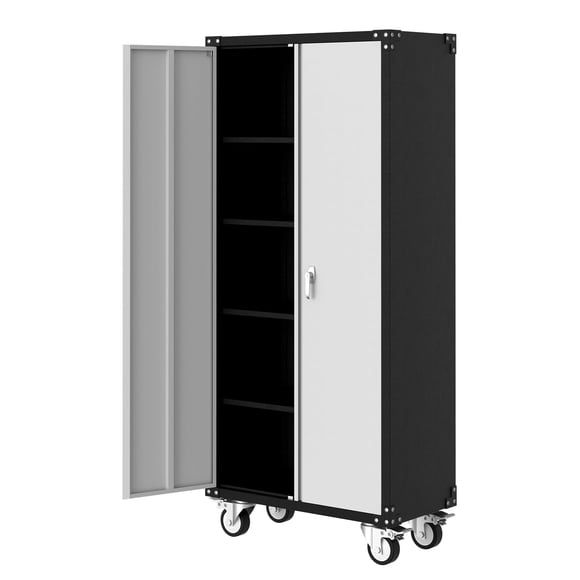72 inch Metal Storage Cabinet on Wheels Lockable, 4 Shelf Heavy Duty Rolling Steel Organizer with Magnetic Doors, Garage Home Office, Light Grey