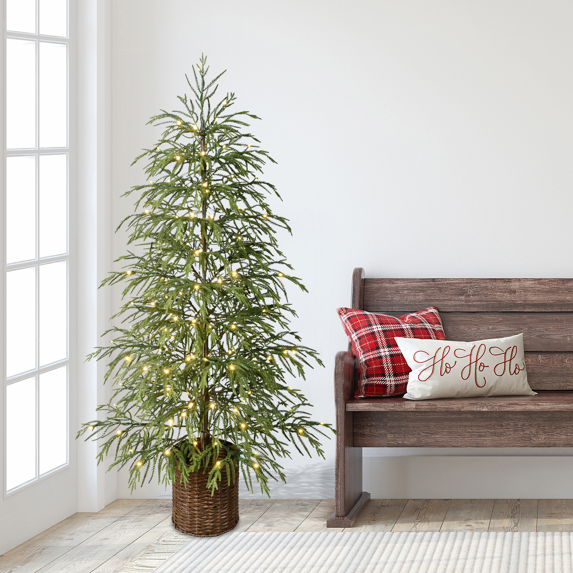 Holiday Time 5FT Pre-Lit Norfolk Pine Christmas Porch Tree, Green