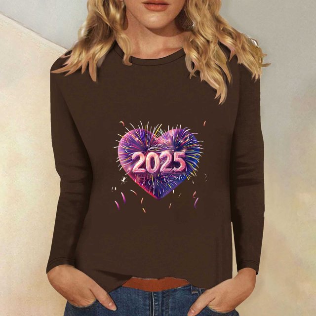 Styesk Chemises à Manches Longues pour Femmes Nouvel An T-shirt Décontracté Imprimé Col Rond Manches Longues