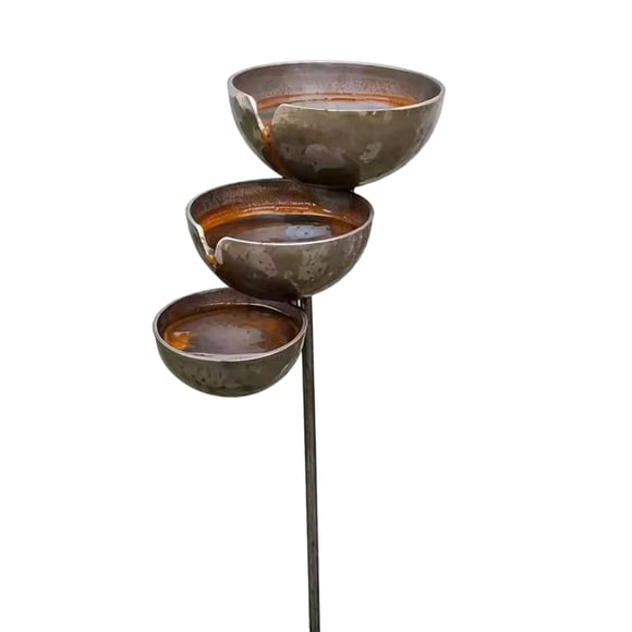 Metal Bird Bath Rustic Vintage Rain Catcher Garden Stake with 3-Tiered Bath Bowls Outdoor Bee Watering Station for Outside Garden Yard Patio Lawn Decor
