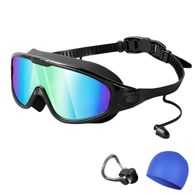 Big Savings! HD Large Frame Waterproof and Swimming Goggles with a black silicone frame, mirrored anti-fog lenses, and UV protection. Includes a blue swim cap and a nose clip. Designed for kids' swimming activities, offering a 180° panoramic view, leak-proof comfort, and adjustable straps for a secure fit.
