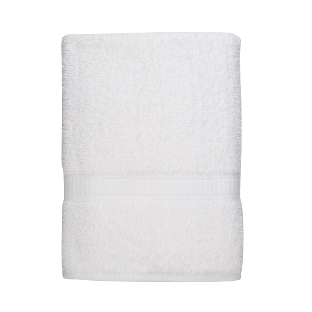 Mainstays Basics Solid Bath Sheet in white, folded to display its 100% cotton textured surface with a horizontal woven band, measuring 30 by 60 inches, designed for softness and absorbency in bathroom use.