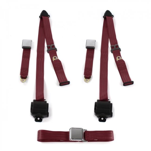 Early Cars 1933-1934 Airplane 3 Point Burgandy Retractable Bench Seat Belt Kit - 3 Belts