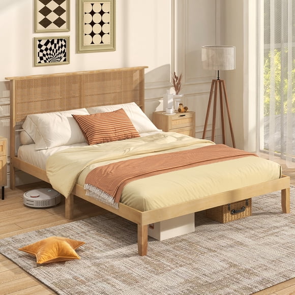 Gymax Queen Size Bed Frame w/ Rattan Headboard 10 Solid Wood Legs & 12 Wooden Slats