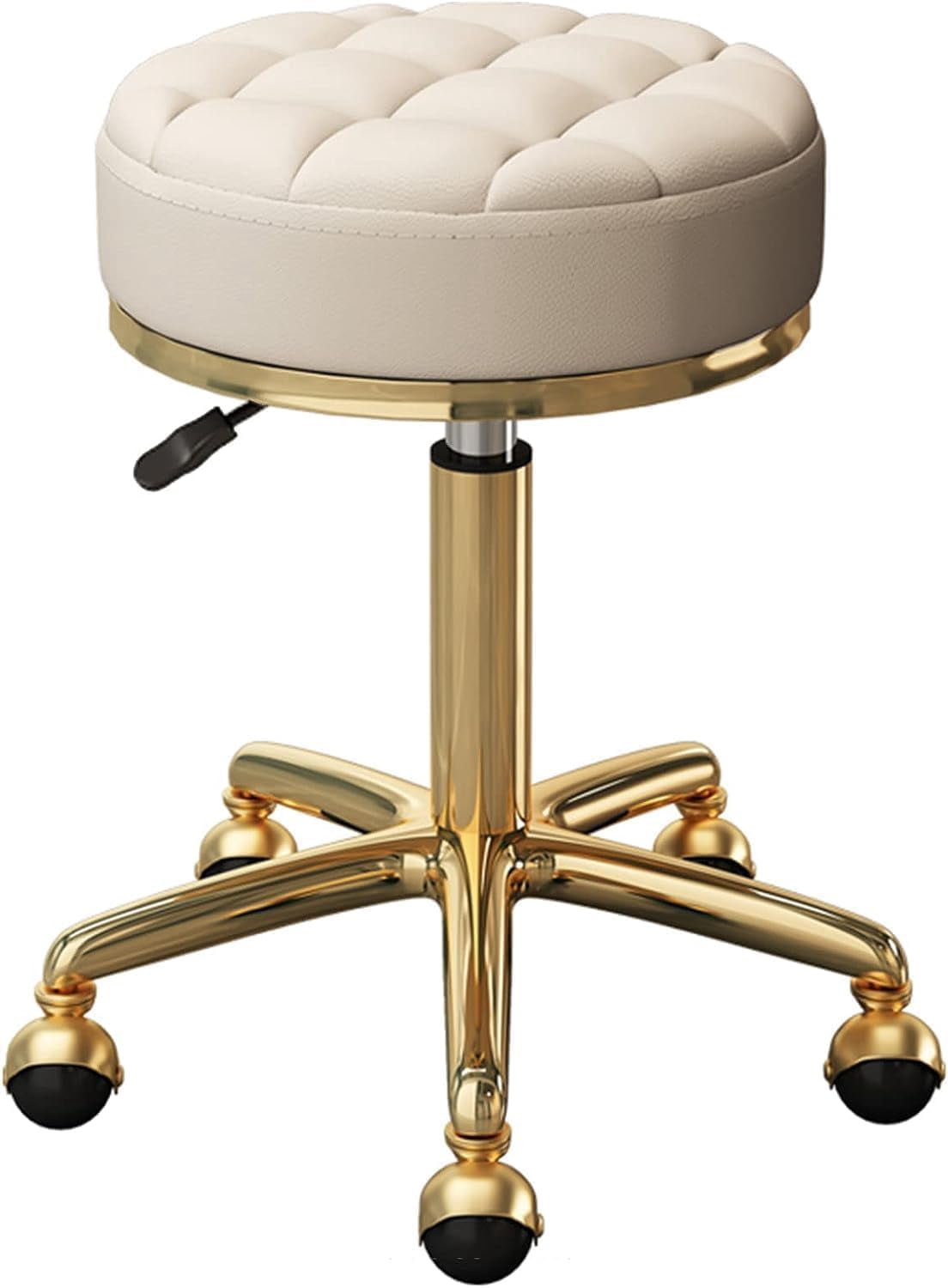 Rolling Bar Stool, Round Bread Seat Chair on Swivel Earth Wheels, Beauty Salons Medical Care Stool with Gold Chrome Frame, Adjustable 47-64cm (Color : White)