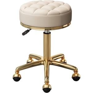 Rolling Bar Stool, Round Bread Seat Chair on Swivel Earth Wheels, Beauty Salons Medical Care Stool with Gold Chrome Frame, Adjustable 47-64cm (Color : White)
