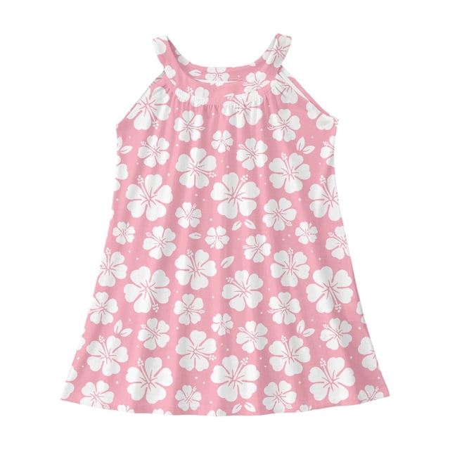 WEIYLL Robes de Fille Plage Couverture de Bain Sans Manches Imprimé Fleur de Palmier Volants Robe Rose 5-6 Ans