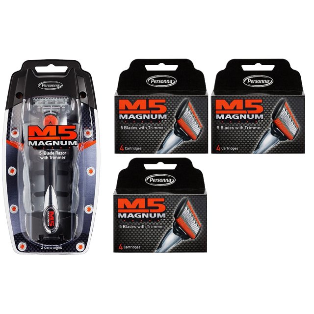 Personna M5 Magnum 5 Razor with Trimmer + M5 Magnum 5 Refill Razor Blade Cartridges, 4 ct. (Pack of 3)