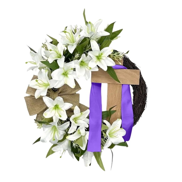 Dvkptbk Couronne de Pâques avec Lys et Tulipes de 13,7 Pouces, Nœud, Foulard en Soie, Couronne Religieuse, Décoration Suspendue pour Porte d'Entrée de Pâques, Décorations de Pâques