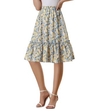 Unique Bargains Jupe Midi Fluide à Volants Superposés en Ligne A à Fleurs pour Femme Blanc Jaune TP