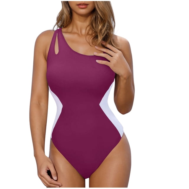 Diufon Women's Swimsuit Trendy Color Block Single Shoulder Backless Bathing Suits Summer Beach Sport Swimwear