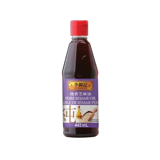 Lee Kum Kee Pure Sesame Oil 445 mL bottle with dark brown oil, purple label featuring English and Chinese text, a red cap, and an image of sesame seeds and a small oil bottle, suitable for enhancing Asian cooking and dressings.