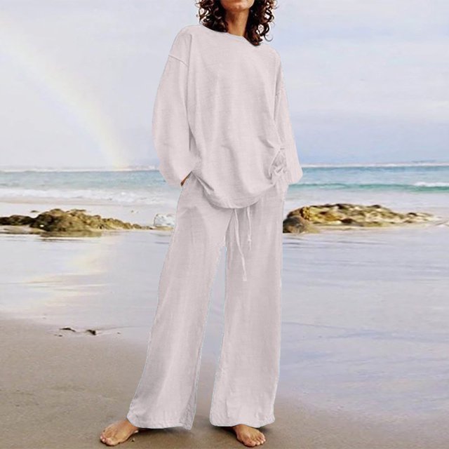EGNMCR Women 2 Piece Linen Outfits Solid Color Long Sleeve Suit Drawstring Wide Leg Pants with Pockets Womens Lounge Sets