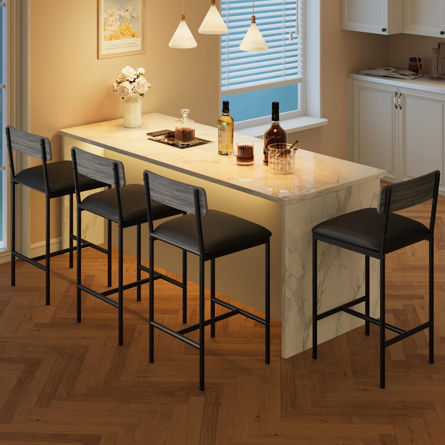 Bar Stools Set of 4, Kitchen Bar Stools with Footrest, 25.5 Inches Upholstered Bar Chairs with Back, 4 Counter Height Barstools for Counter Bar, Island, Easy Assembly, Rustic Gray
