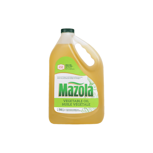 Mazola Vegetable Oil 2.84L in a translucent plastic jug with a green screw cap and ergonomic handle, labeled 100% pure and a source of omega-3 and omega-6 polyunsaturates, suitable for frying, cooking, baking, and dressings.