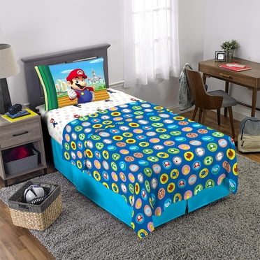 Super Mario Ensemble de Draps 3 Pcs pour Lit Simple, Doux et Douillet pour Enfants - Taie d'Oreiller, Drap-Housse, Drap Plat