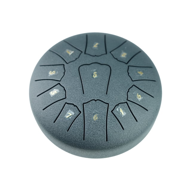 Steel Tongue Drum 6 Inch 11 Notes D Key Percussion Instrument in dark blue. Made of carbon steel, it features 11 numbered notes etched on the surface for easy playability. Compact and portable, it includes accessories like drum mallets, a drumstick stand, hand protective covers, musical scale stickers, and a carrying bag. Ideal for music education, meditation, and spiritual practices.