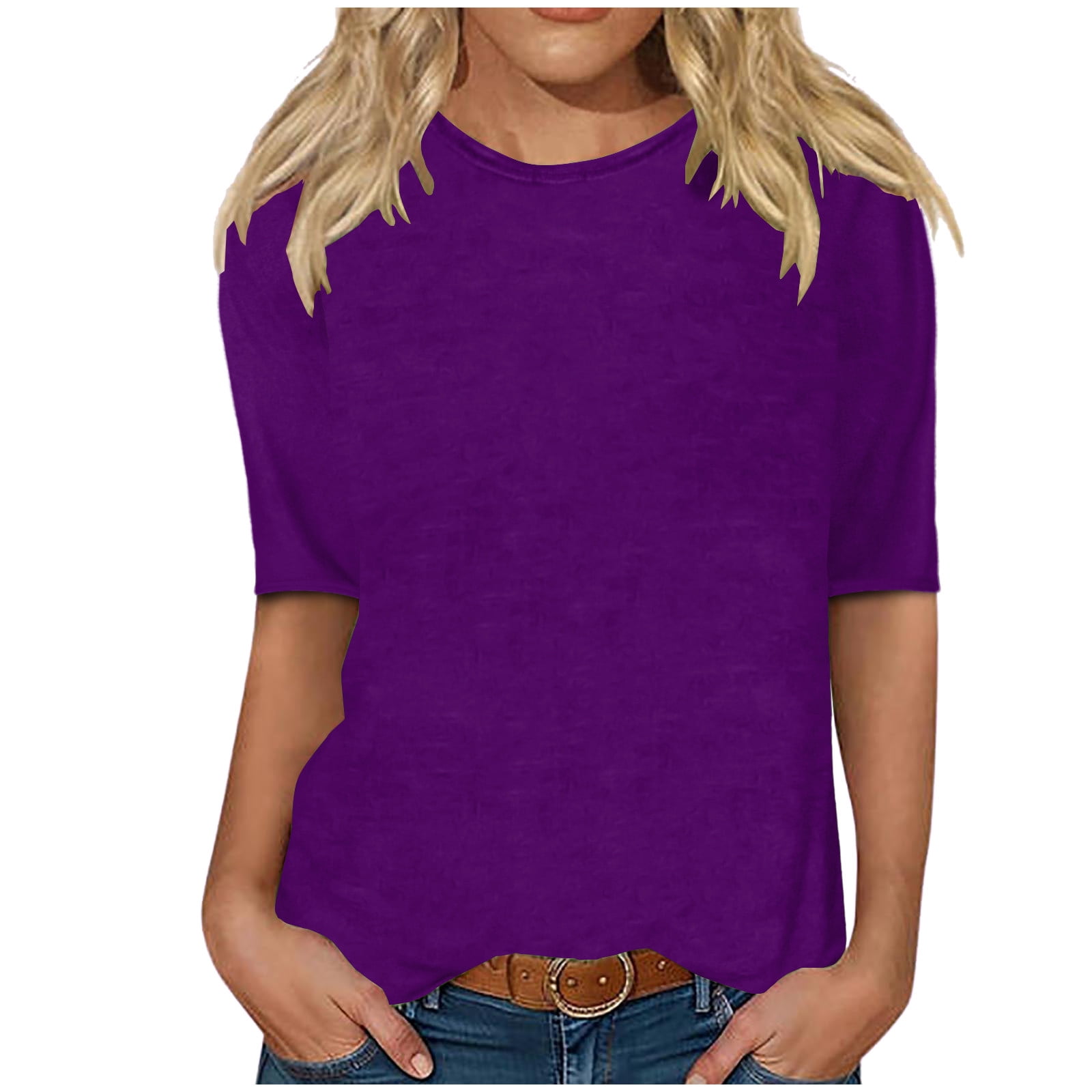 CFLVAEK 1/2 Length Sleeve T Shirts Womens Solid Color Shirt Loose Fitted Basic Round Neck Blouses