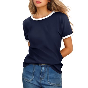 LUOGENLI Female T-shirts for Womens Women's Solid Color Crew Neck Short Sleeve T Shirt with Contrast Trim Womens T-shirts Graphic Tees xxl Tall Valentines Navy M