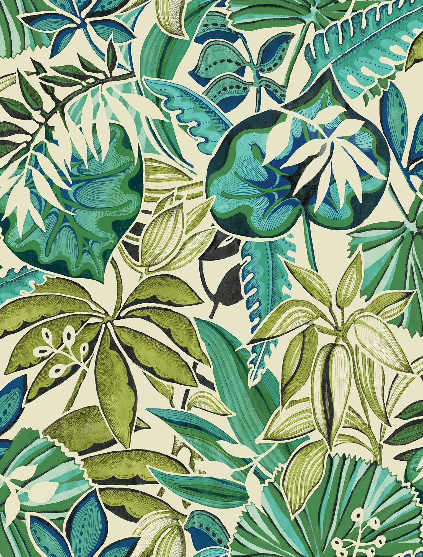 Caroline et Bettina Papier Peint Autocollant Feuilles Turquoise