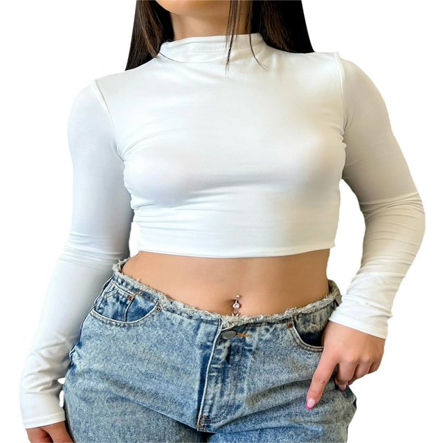Blouse Unie à Manches Longues pour Femmes, Crop Top Décontracté à Col Montant