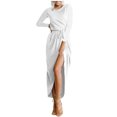thumbnail image 1 of cfhntfmh Robes de Cocktail pour Femmes Automne Confortables Col Rond Manches Longues Longue Robe Maxi Douce Aguichant Ceinturée Fente Latérale Robe de Soirée, 1 of 3