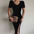 thumbnail image 2 of EQWLJWE Robes d'Été pour Femmes 2023 Mode pour Femmes Couleur Unie Aguichant à Manches Courtes Robe en Tricot Fendue, 2 of 8