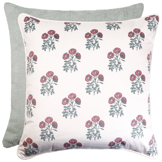 Hometrends Embroidered 2 Pack Decorative Pillows including one 18x18 inch cream velvet pillow with red floral embroidery and one 20x20 inch textured green pillow, both polyester filled, suitable for layered throw pillow décor in living spaces.