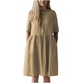 thumbnail image 1 of Robe d'Été pour Femmes en Coton et Lin Uni à Manches Courtes, Boutonnée, Col Ras du Cou, Robe Décontractée Plissée, Ample et Fluide, Robe de Plage avec Poches, 1 of 7