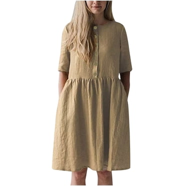 Robe d'Été pour Femmes en Coton et Lin Uni à Manches Courtes, Boutonnée, Col Ras du Cou, Robe Décontractée Plissée, Ample et Fluide, Robe de Plage avec Poches