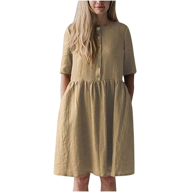 Robe d'Été pour Femmes en Coton et Lin Uni à Manches Courtes, Boutonnée, Col Ras du Cou, Robe Décontractée Plissée, Ample et Fluide, Robe de Plage avec Poches