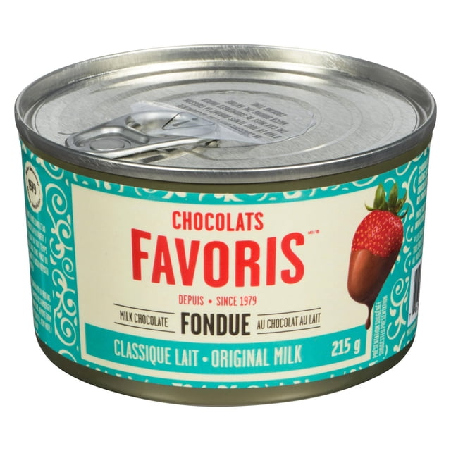 Original Milk Fondue 215g by Chocolats Favoris, a round metal can with pull-tab lid and turquoise cream label featuring red and black text and a chocolate-dipped strawberry illustration, containing smooth milk chocolate fondue suitable for pantry food or table syrup use.