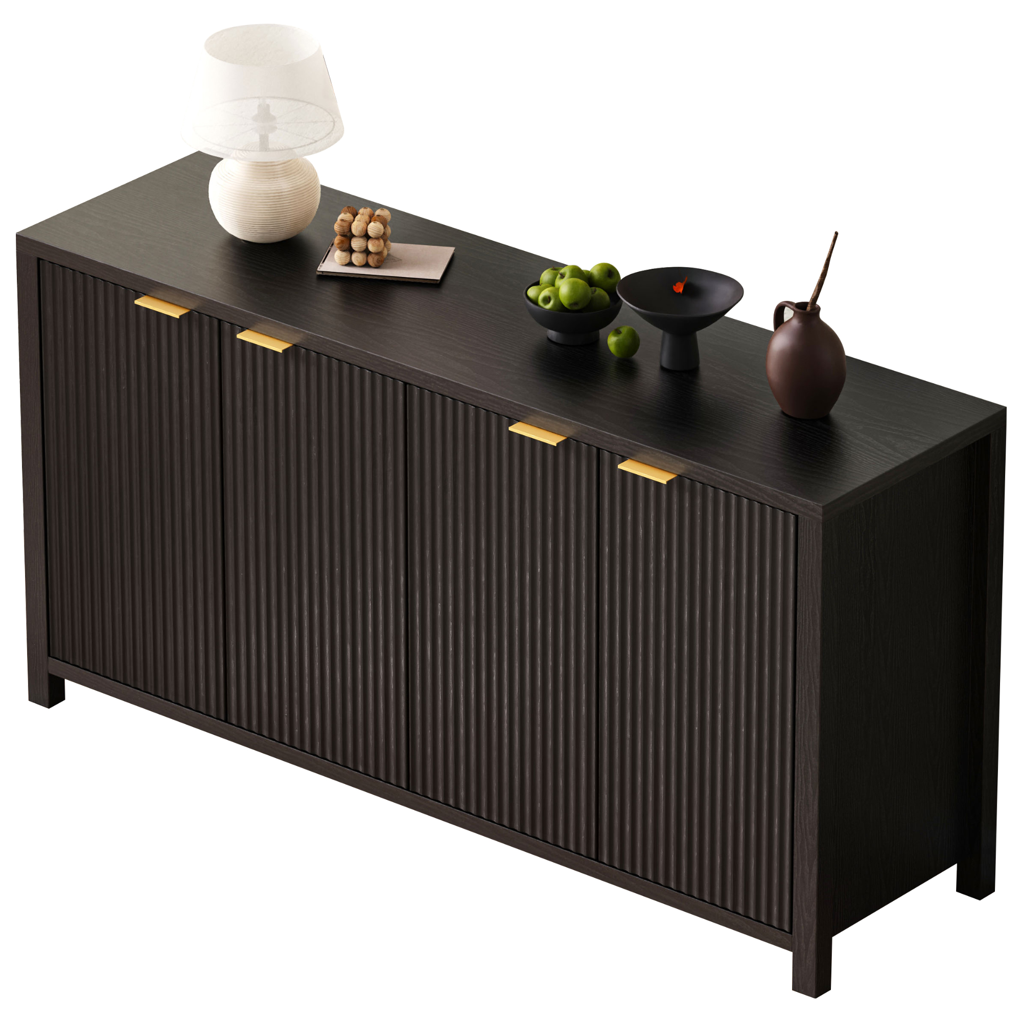 Noble House 55" Fluted Buffet Cabinet,4-Door Farmhouse Accent Storage with Adjustable Shelves for Dining Room,Black