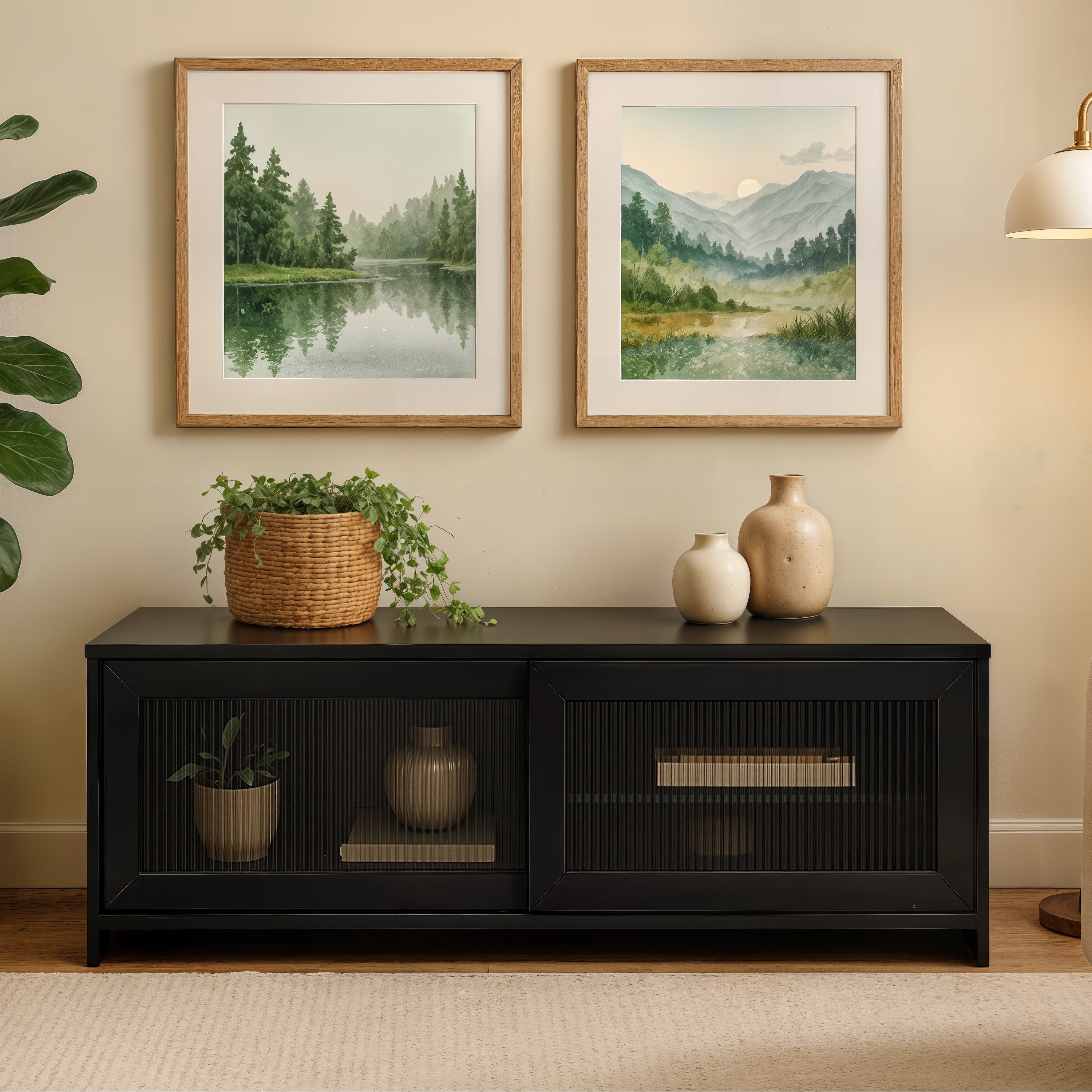 CorLiving Ellis Modular Engineered Wood TV Stand with 2 Fluted Glass Doors for Smaller TVs - Black