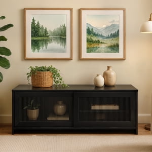 CorLiving Ellis Modular Engineered Wood TV Stand with 2 Fluted Glass Doors for Smaller TVs - Black