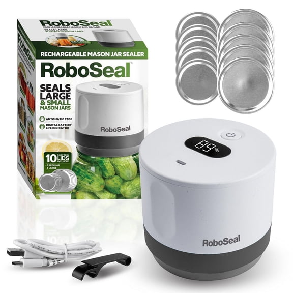 RoboSeal Scellant Sous Vide Électrique Rechargeable pour Pots Mason – Appareil de Conservation Automatique à Une Touche pour Rangement des Aliments avec 10 Couvercles