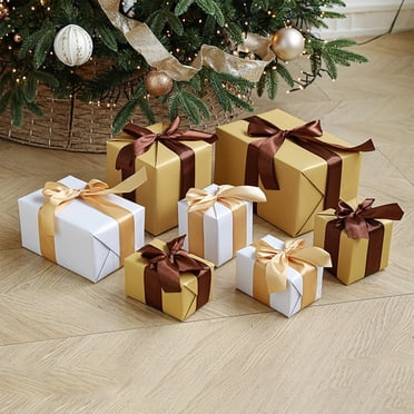Ensemble de 7 Boîtes Cadeaux de Noël Éclairées à LED de 10,23 Pouces - Décor en Papier Mâché Rouge avec Nœuds pour Arbre/intérieur/extérieur, Accessoires de Scène de Vacances Multi-Tailles (Centre de Table de Fête de Mariage et du Nouvel An) Café