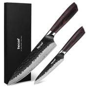 Hecef 2-Piece Kitchen Knife Set, 8-Inch Chef Knife & 5-Inch Utility Knife, 9Cr18Mov High Carbon Stainless Steel, Hammered Clad Blade with Pakkawood Handle, Razor Sharp Cooking Knives