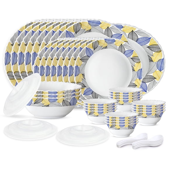 Larah Kora Leaf Pattern Silk Series Opalware Dinner Set - 47 Pieces For Family Of 8, White | Crockery Set For Dining & Gifting - Bone Ash Free, Microwave & Dishwasher Safe