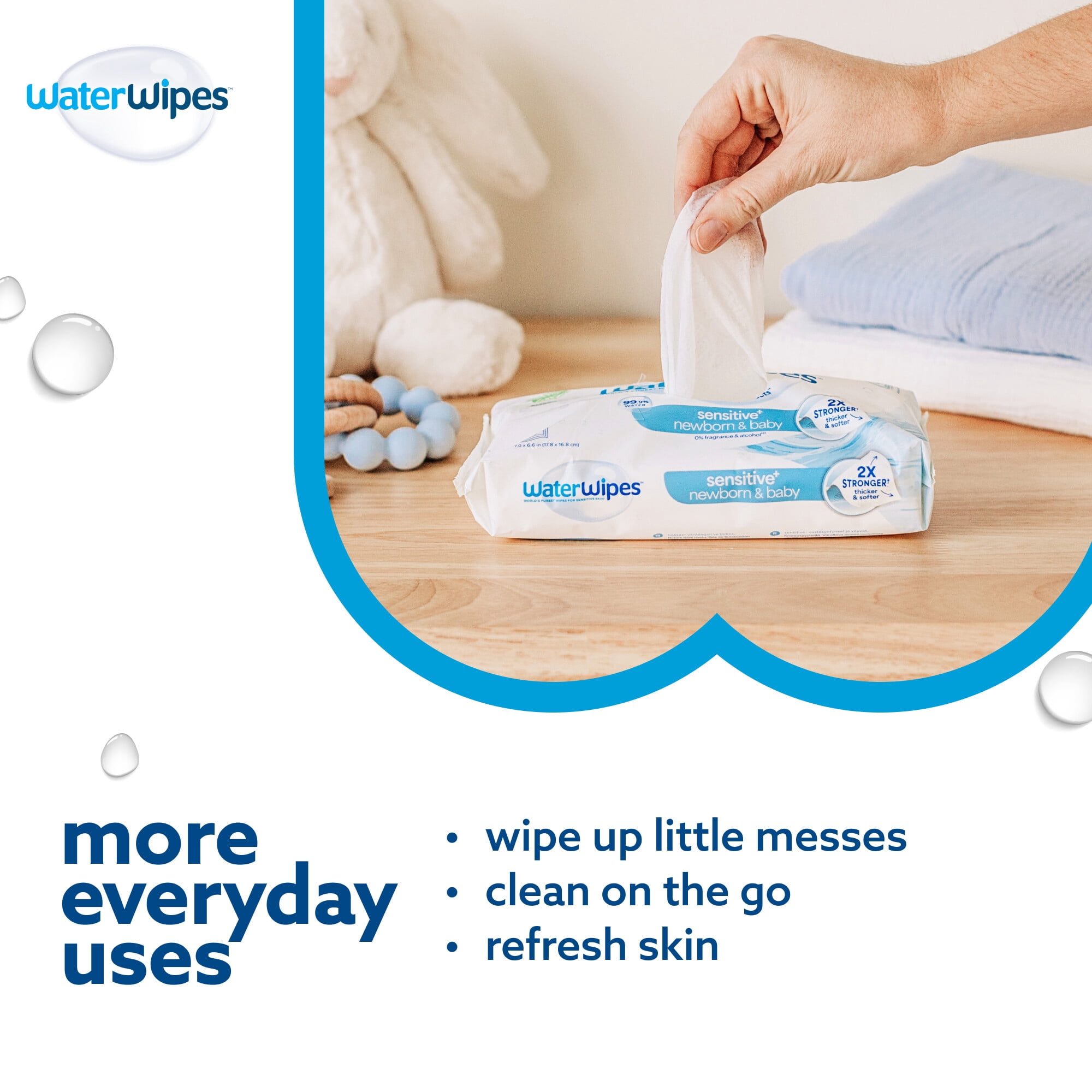 WaterWipes Sensitive Lingettes pour Nouveau-Nés & Bébés, 99.9 % d'Eau, Sans Parfum & Hypoallergéniques
