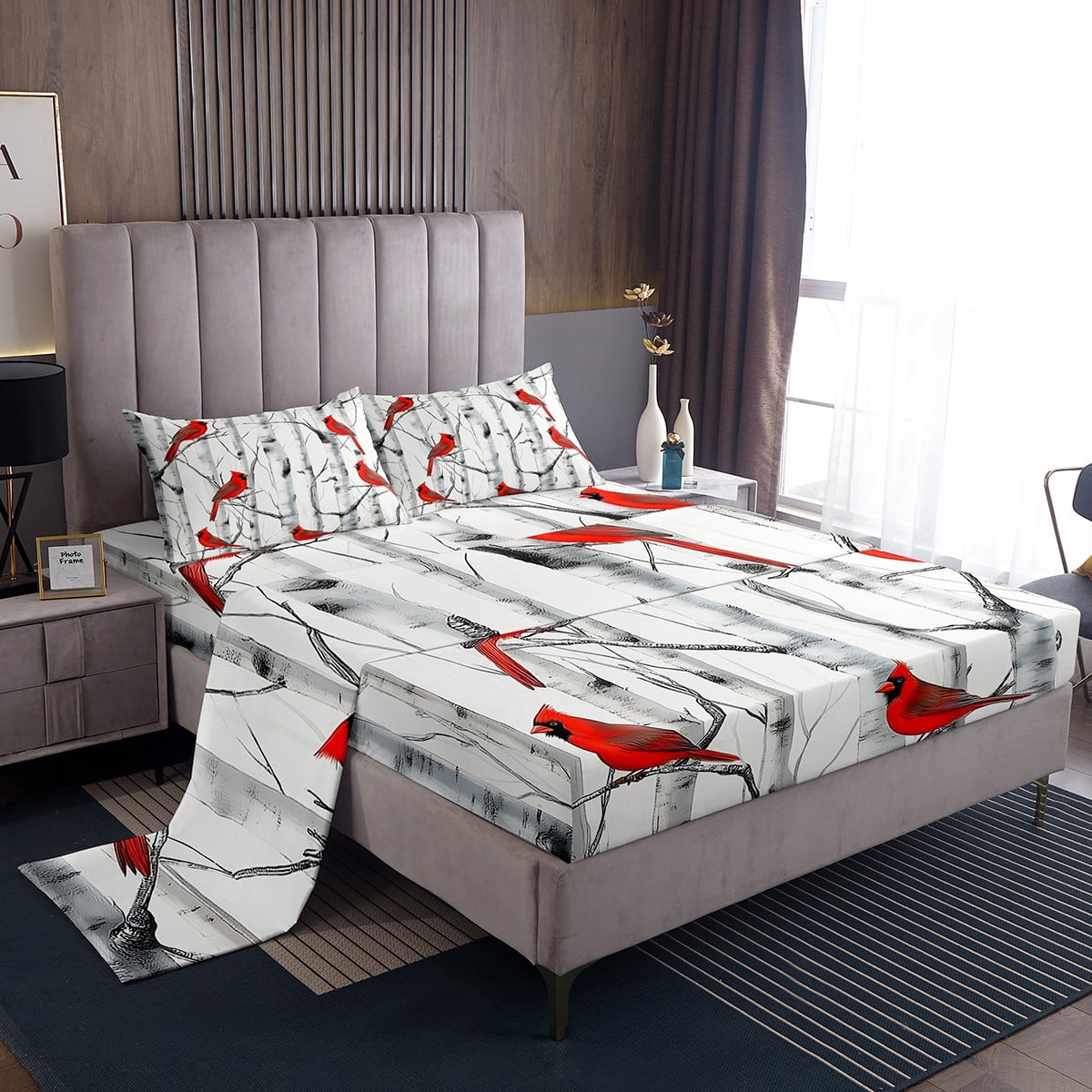 Erosebridal Cardinal Bird Bed Sheets Queen, Botanical Birch Bedding, Animal Theme Decor