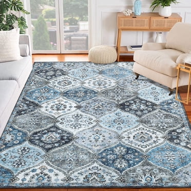 YUSAZENS 8 x 10 Floral Moroccan Trellis Area Rug for Living Room, Bedroom, Vintage Persian Indoor Accent Rug, Soft Washable Carpet for Home Decor Blue