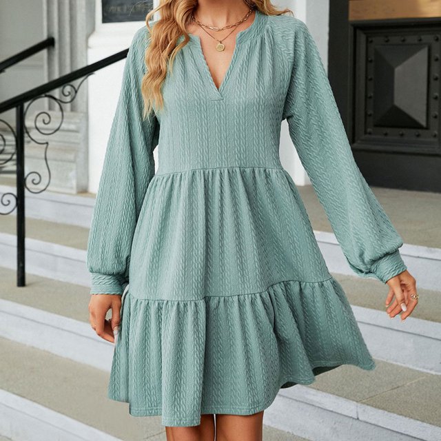 EQWLJWE Liquidation d'Économies d'Été! Robe Décontractée pour Femme Couleur Unie à Manches Longues Col en V Ourlet Plissé Robe d'Automne Longueur Genou Robes d'Été 2023